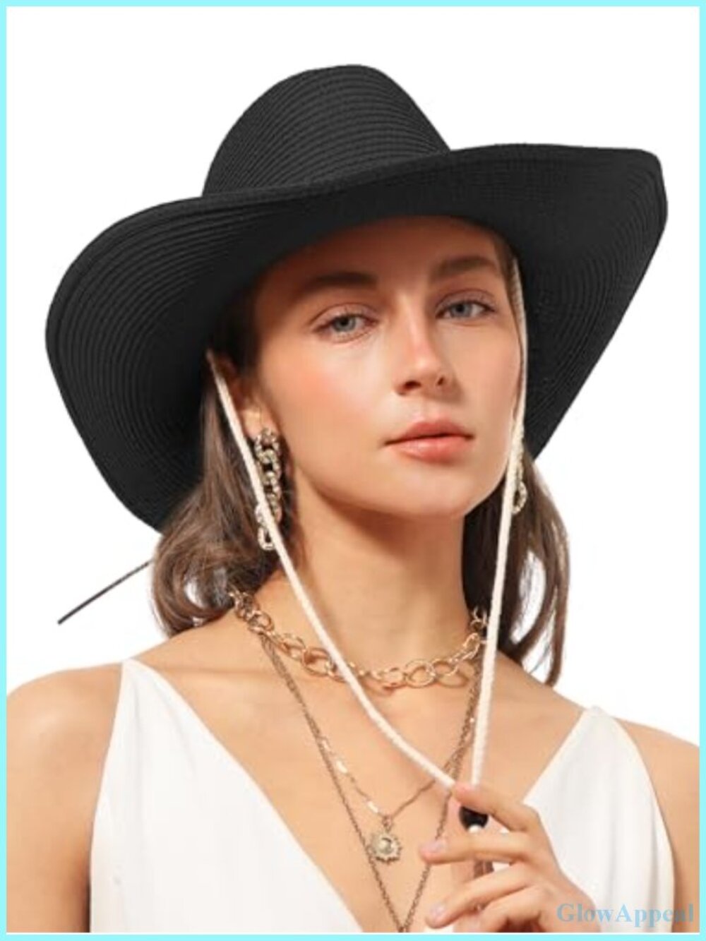 Straw Cowboy Sun Hat Western Windproof Chin Strap Cowgirl